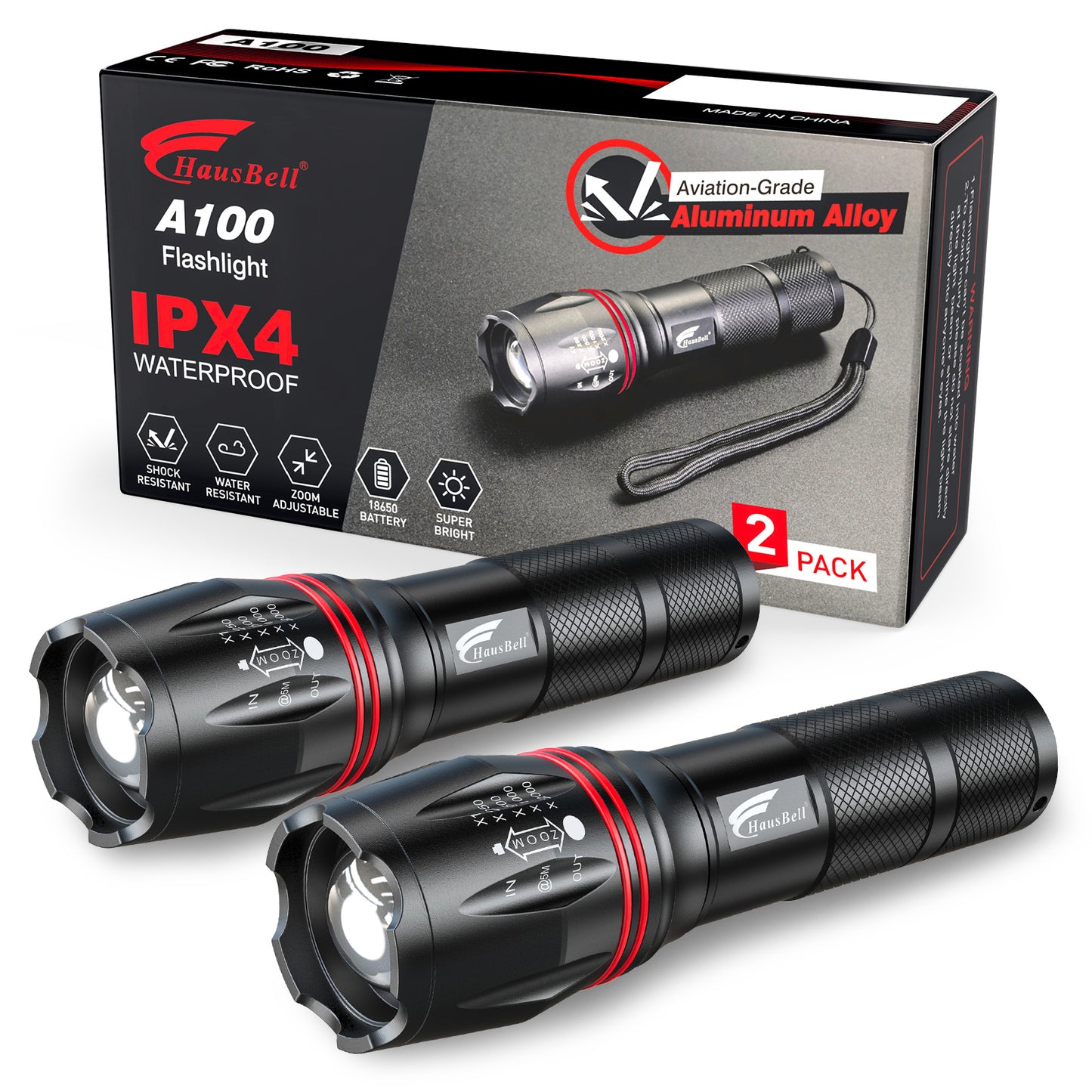 HAUSBELL LED Flashlight 2Pack Bright, Zoomable Tactical A100 LED Flashlights Flash Light with High Lumens and 5 Modes and Camping Accessories(2Pack)