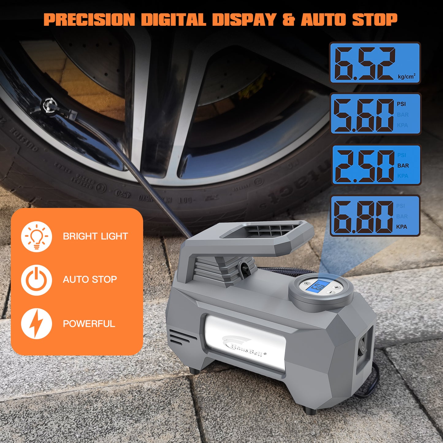 HAUSBELL Portable Air Compressor for Car Tires 2023 Upgraded Model, Handle up to 4 Tires at a Time, 12V DC Car Air Pump, 150 PSI with Emergency LED Light Grey