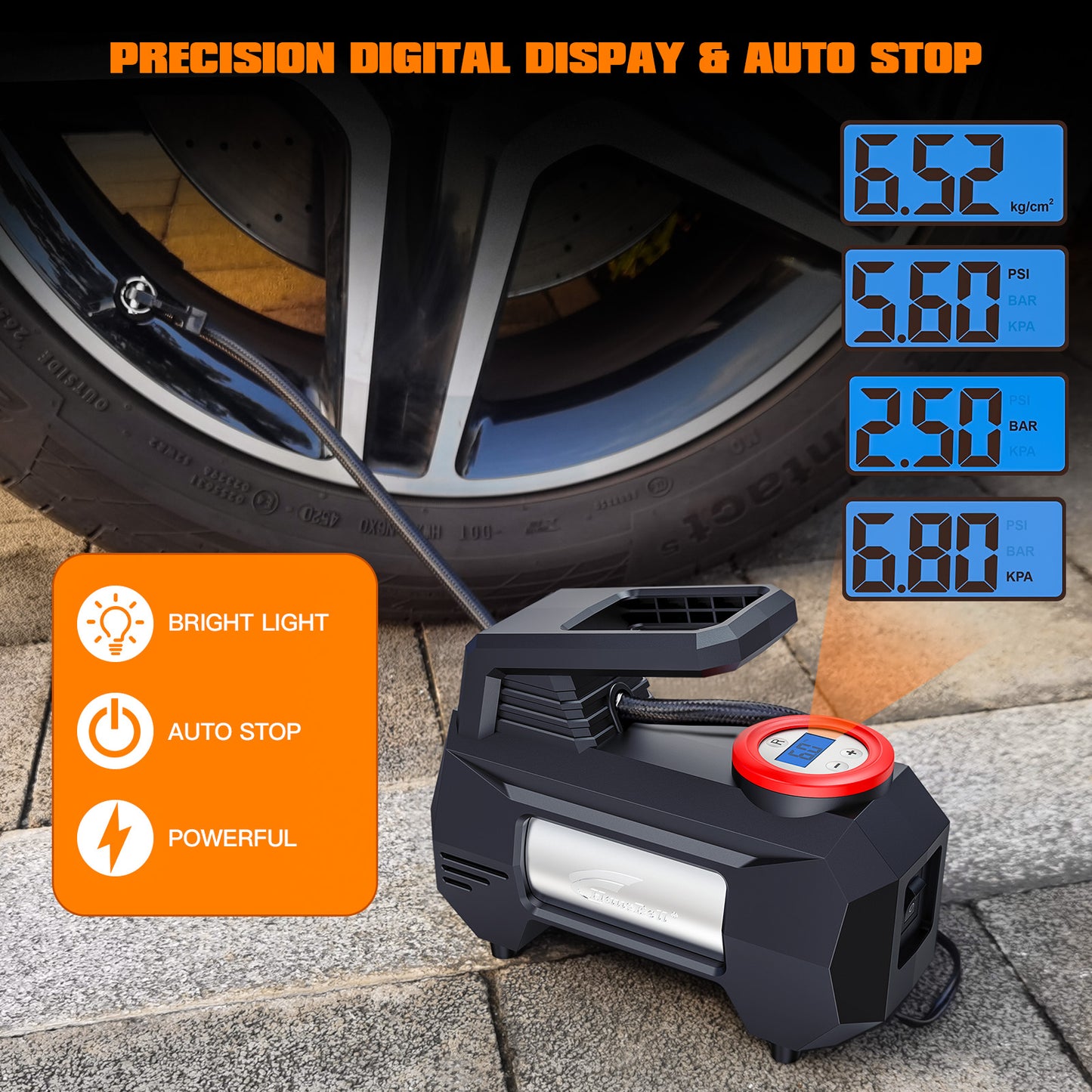 HAUSBELL Portable Air Compressor for Car Tires 2023 Upgraded Model, Handle up to 4 Tires at a Time, 12V DC Car Air Pump, 150 PSI with Emergency LED Light Black